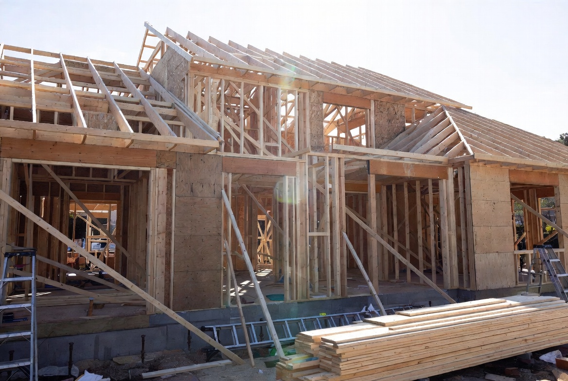 Wood-framed house under construction showing wall studs, partial sheathing, roof framing, bracing, and stacked lumber on site.