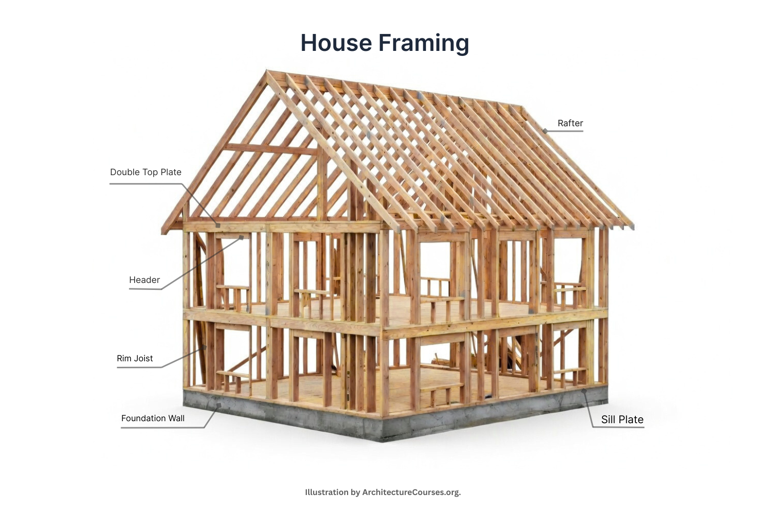 Whole-house framing overview diagram showing roof, wall, floor, opening, and foundation members.