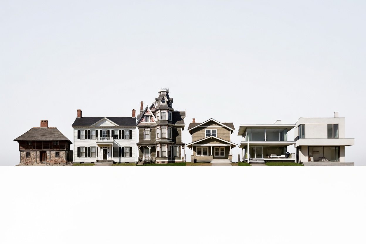 Chronological comparison of house styles from early traditional homes to contemporary design.