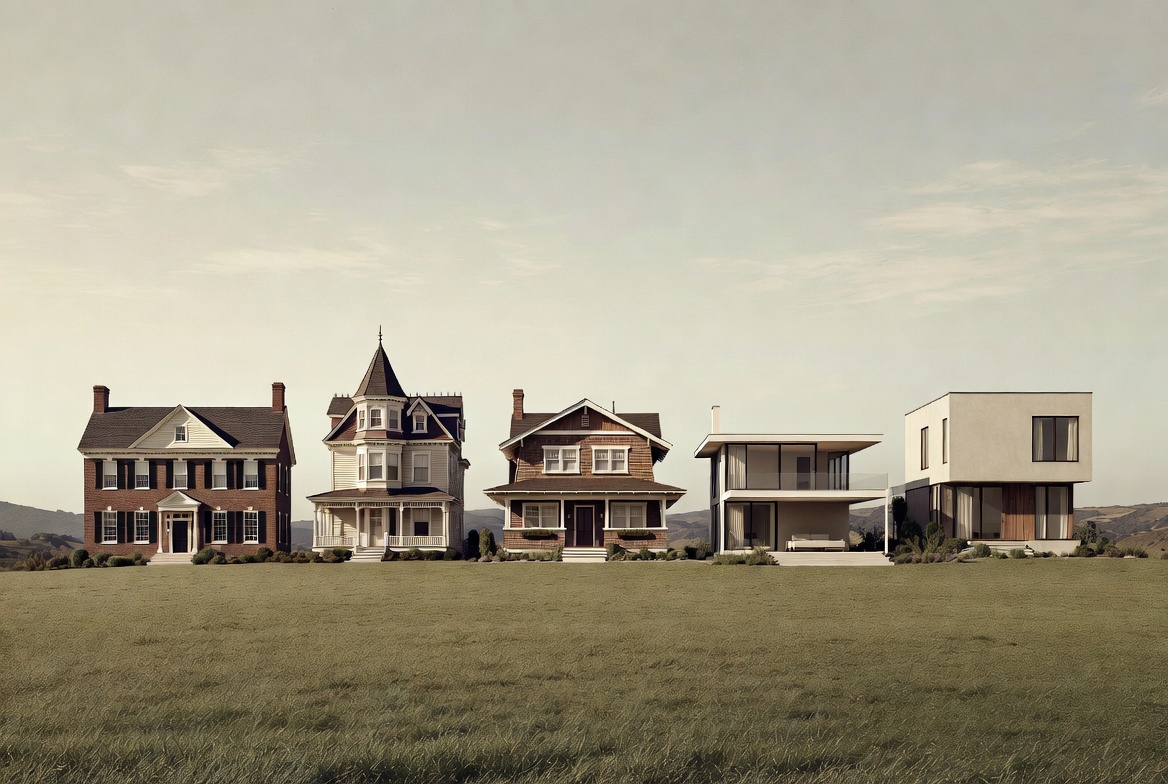 Historic and modern house styles arranged in a broad visual timeline across centuries.