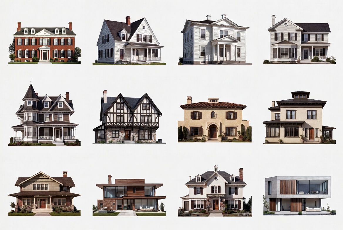 Comparison plate of major house styles from historic revivals to modern residential design.`