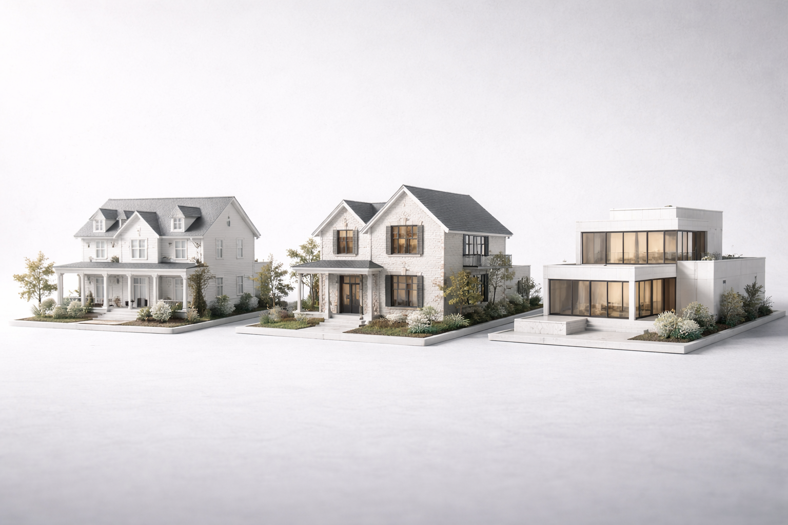 Three house models showing traditional, modern farmhouse, and minimalist modern styles.