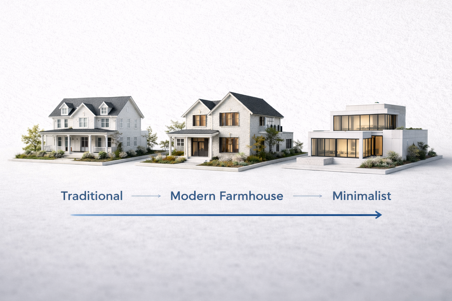 Infographic comparing three house styles from traditional to modern farmhouse to minimalist.