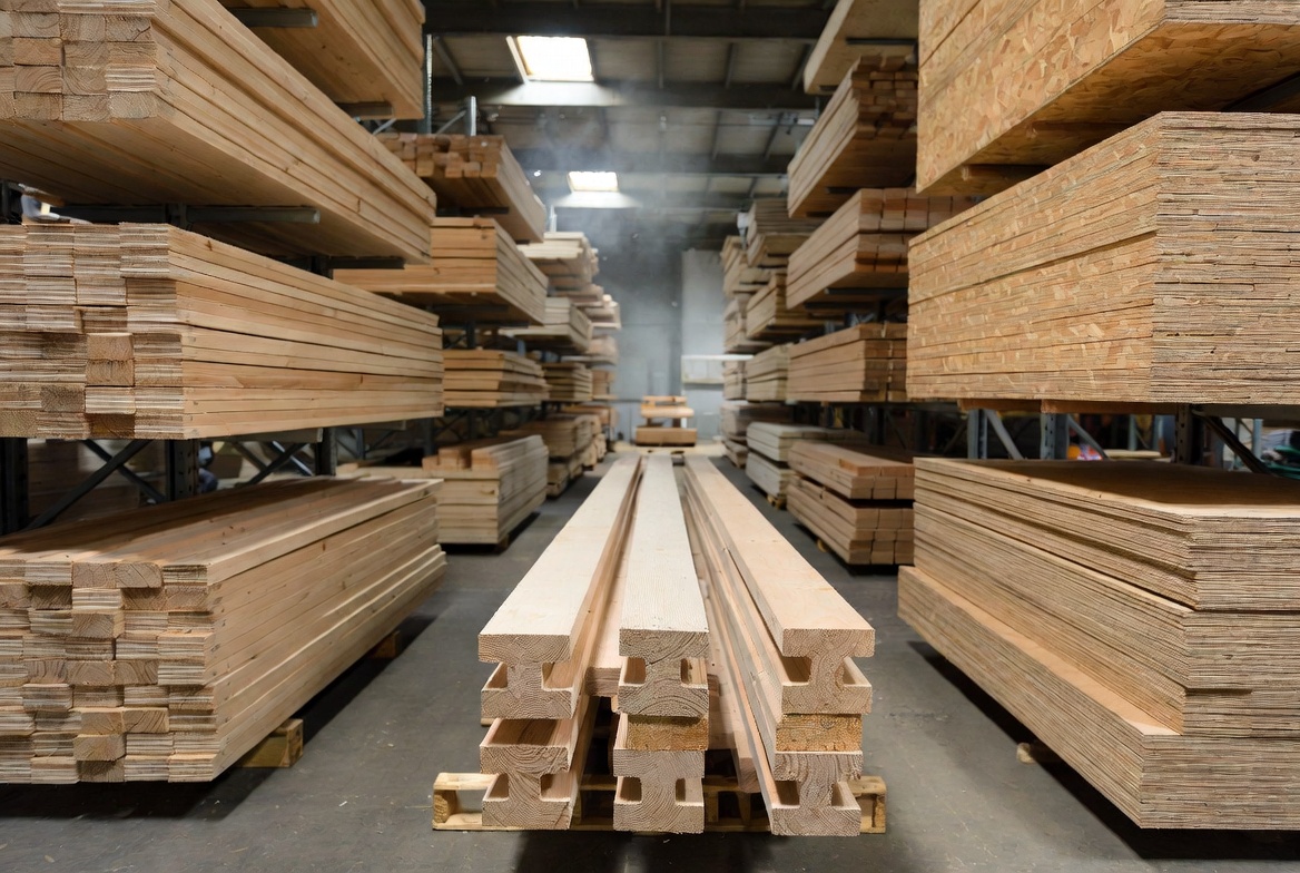 I-joists and sheet goods stored in a warehouse aisle with structural wood products.