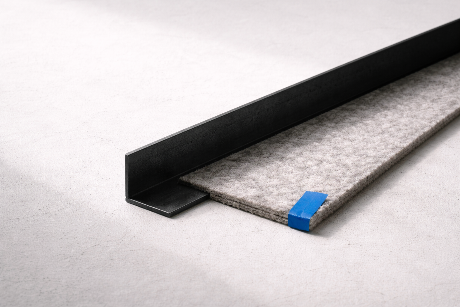 Steel angle bar beside a soft textile swatch showing industrial style balanced with comfort.
