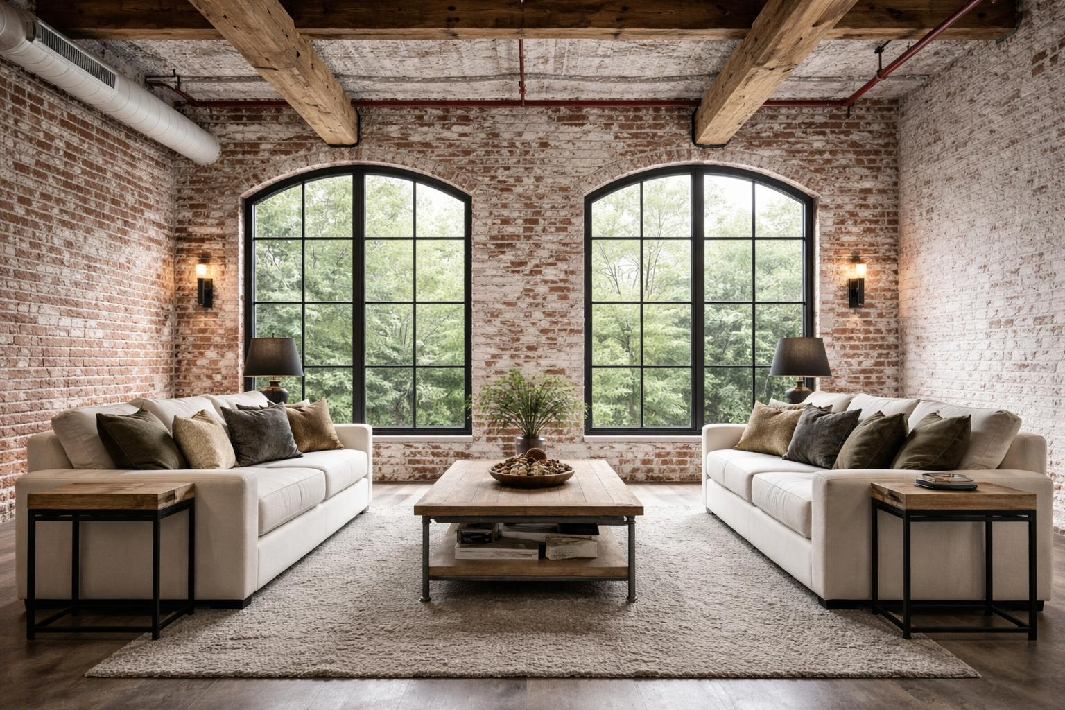 Industrial loft living room with two comfortable sofas, twin black grid windows, red brick walls, and exposed wood beams.