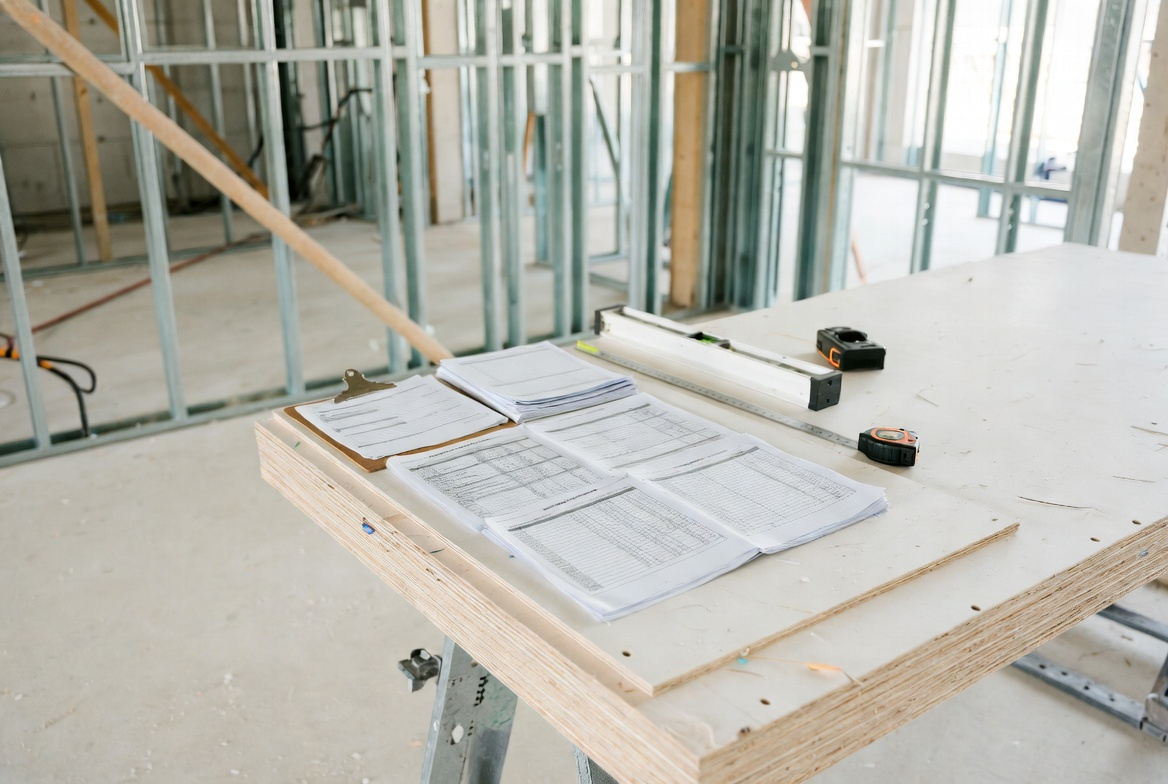 Close-up of construction inspection documents, tape measure, and level on site for quality verification.