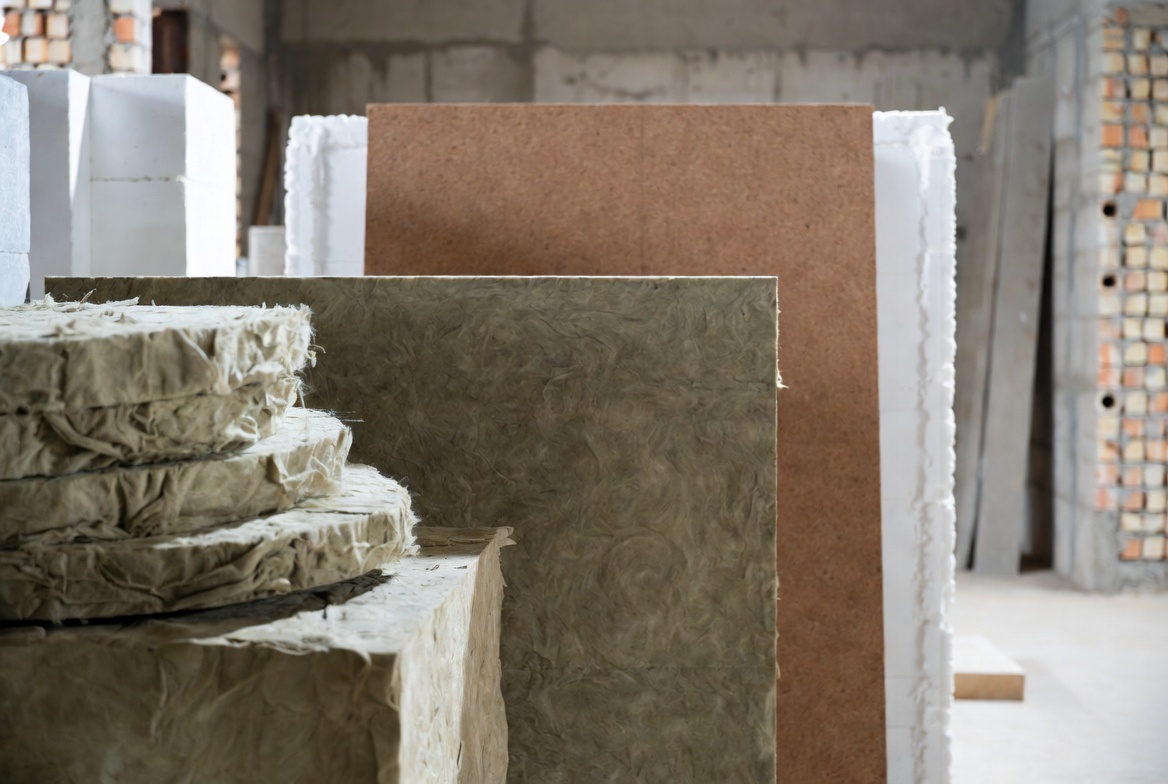 Common insulation materials including fiberglass, mineral wool, cork, and cellulose on a construction site.