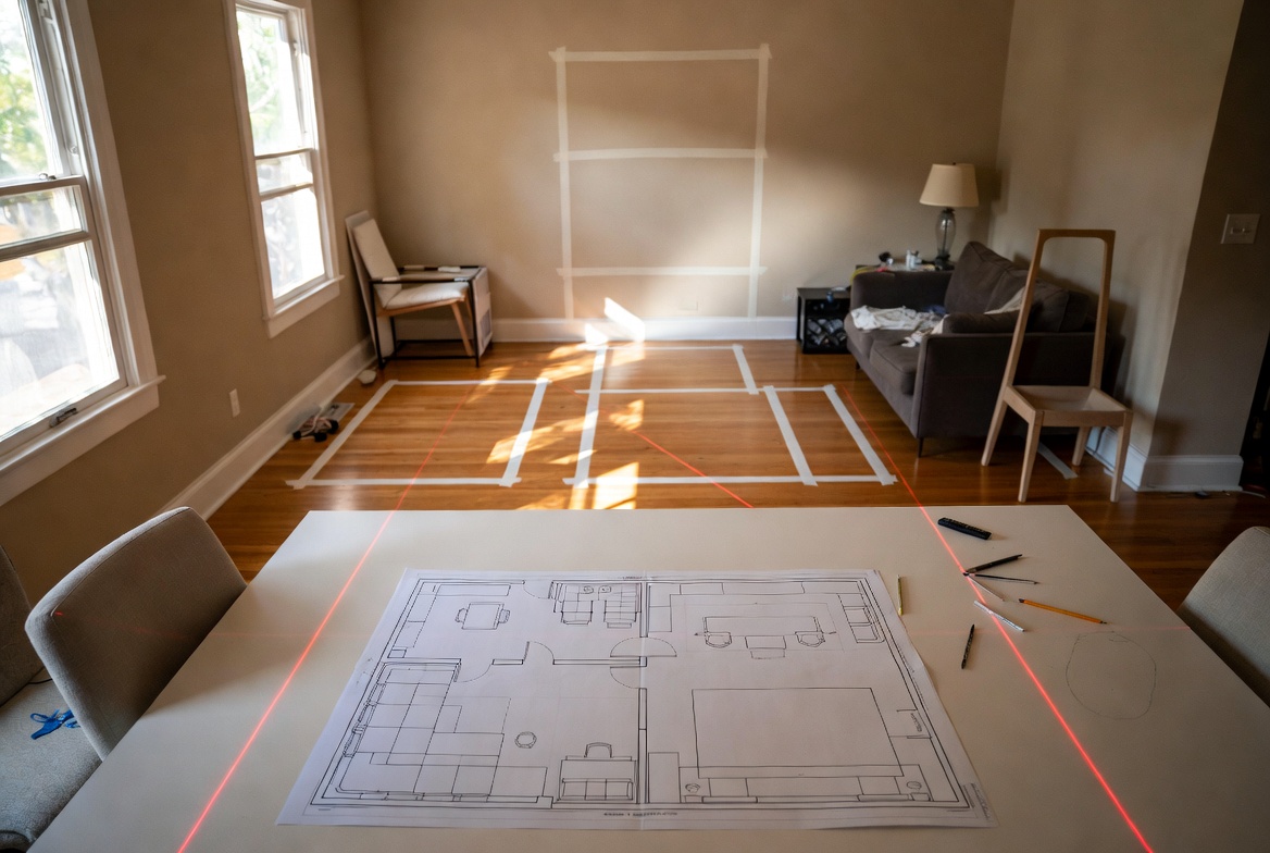In-home space planning session showing painter’s tape furniture footprints and printed floor plan on table for interior design layout consultation.