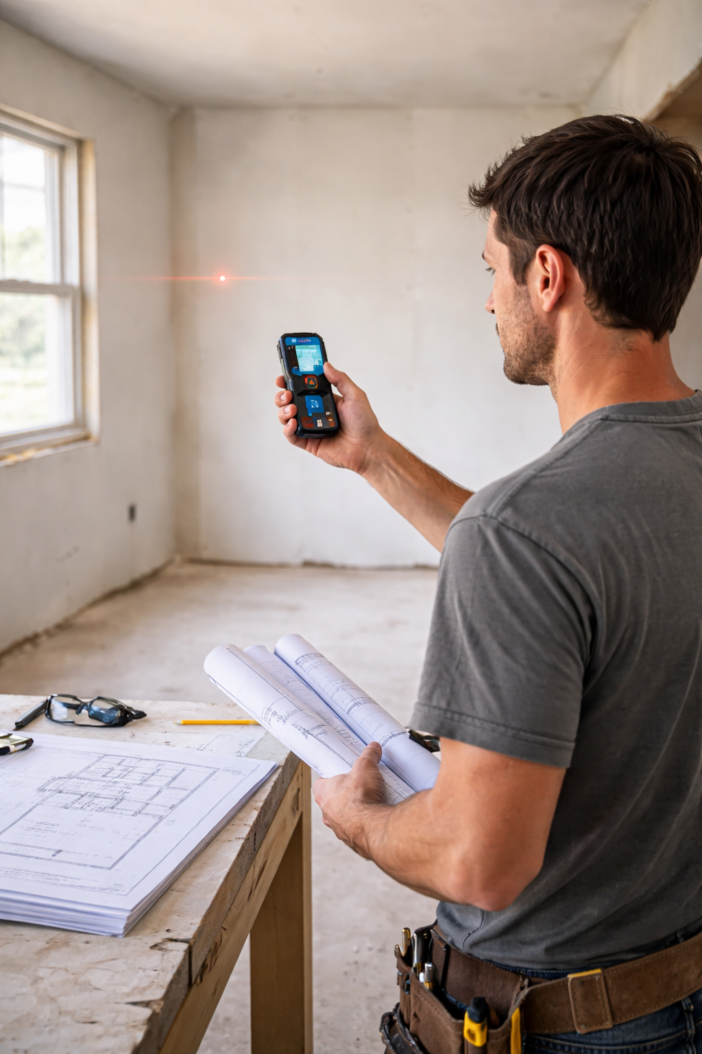 Contractor measuring interior room dimensions with a handheld laser distance meter during renovation.