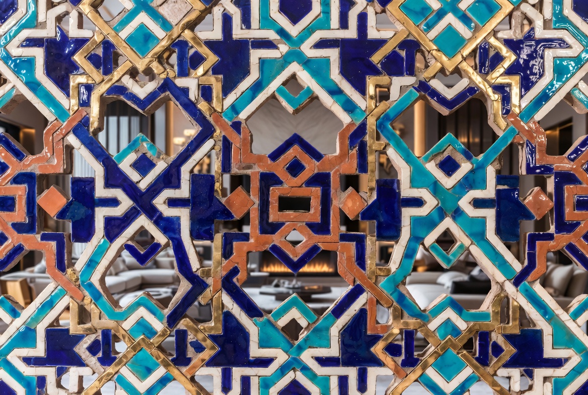 Close-up of luxurious Arabic geometric tilework with interlocking Islamic star and hexagon patterns in deep cobalt, turquoise, terracotta and aged gold, integrated into a modern high-end living room interior.
