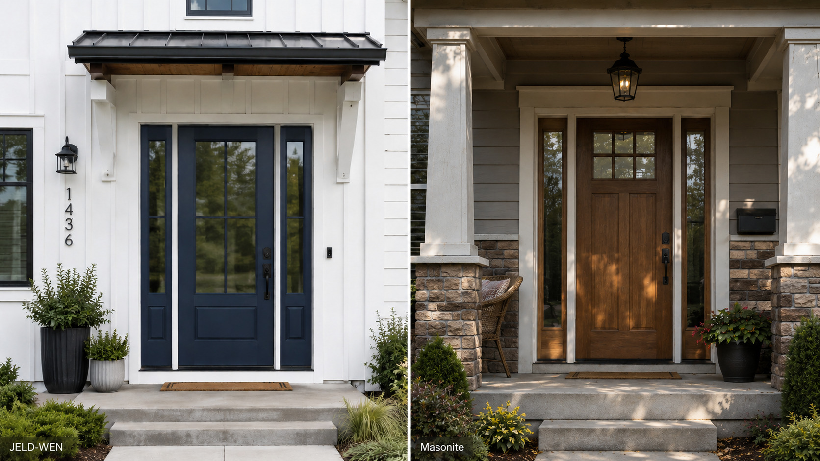 Side-by-side comparison of two exterior entry doors on different homes, showing a dark blue glazed JELD-WEN-style front door on the left and a warm wood-look Masonite-style front door on the right.