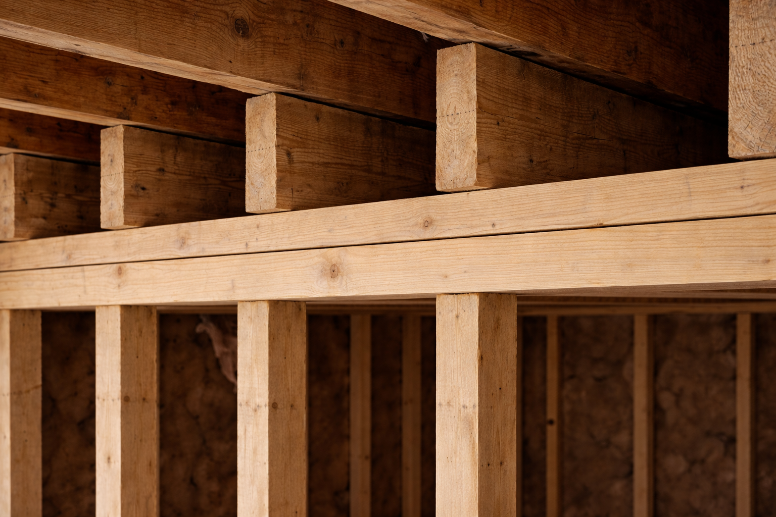 Floor joists bearing directly on a double top plate of a framed interior load-bearing wall.