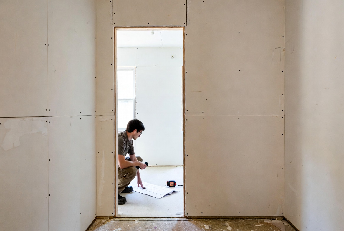 Architect reviewing floor plans and a laser measure in a room under renovation.