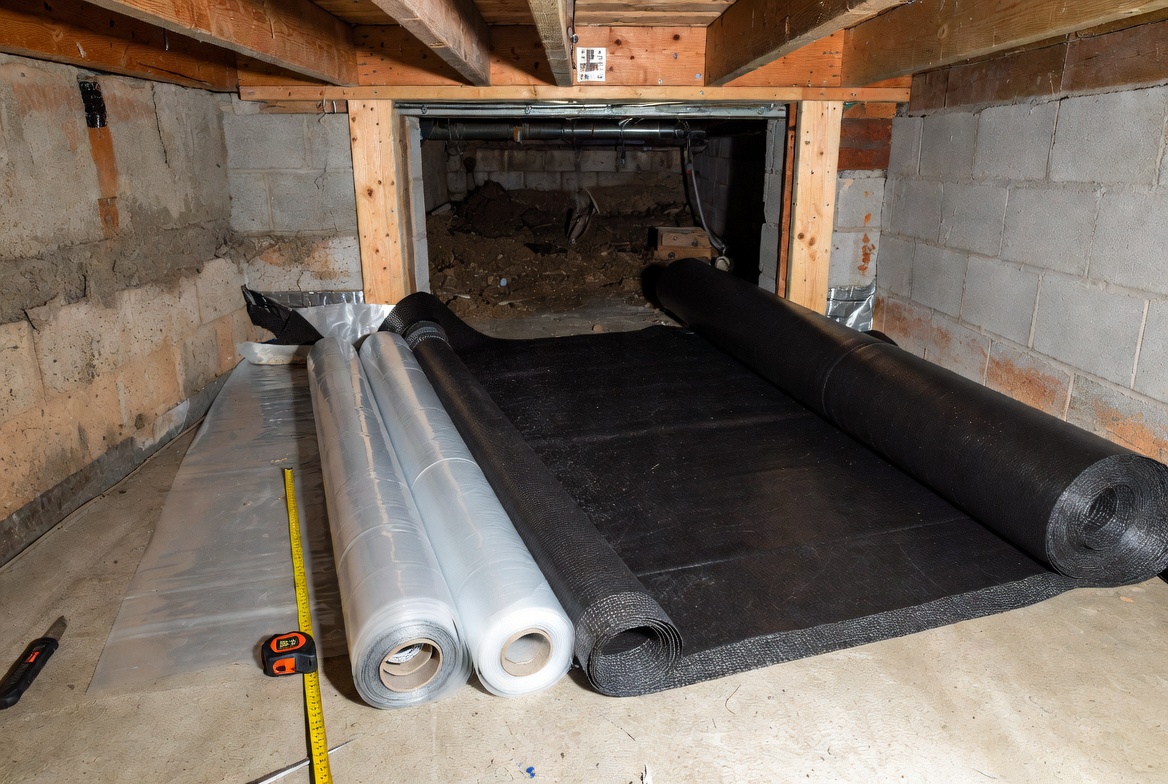 Different crawl space vapor barrier rolls laid out to compare thickness and material weight.
