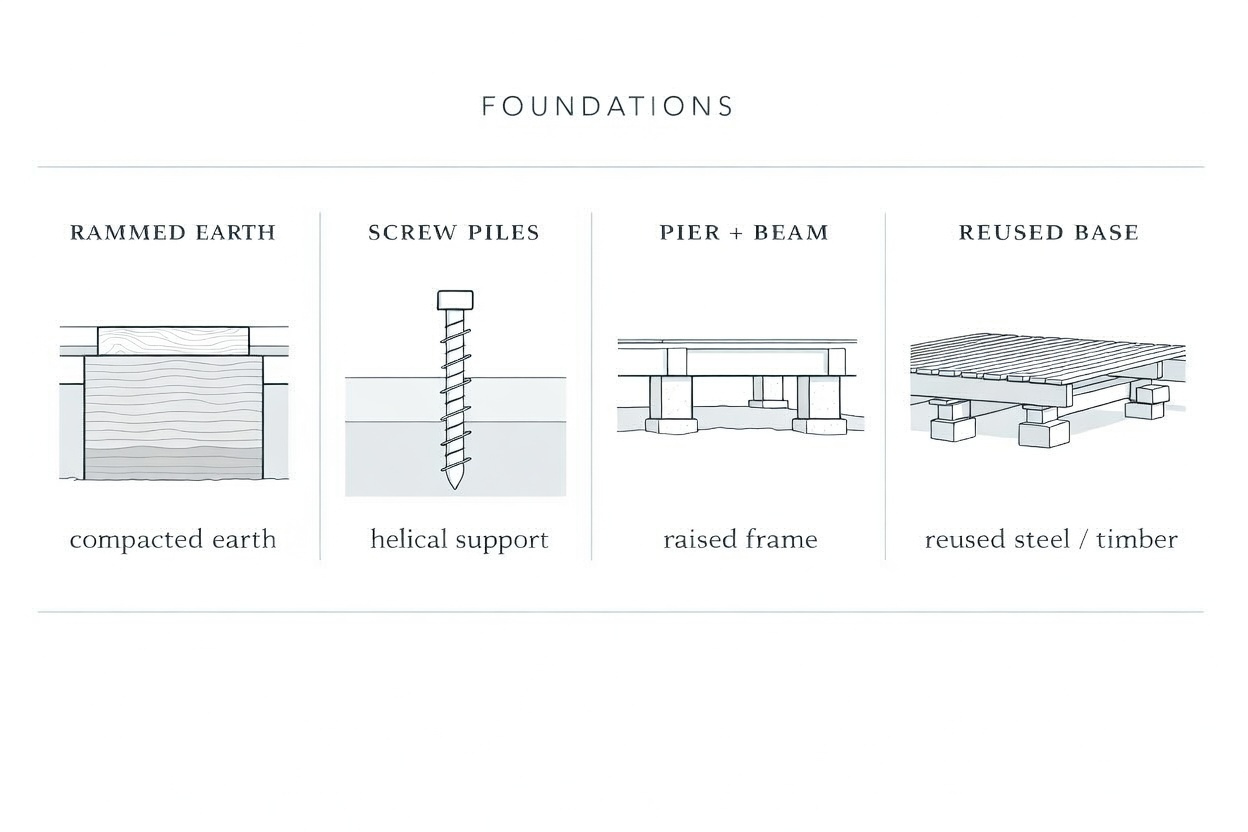 Comparison plate showing low-impact foundation options for small workshops and outbuildings.
