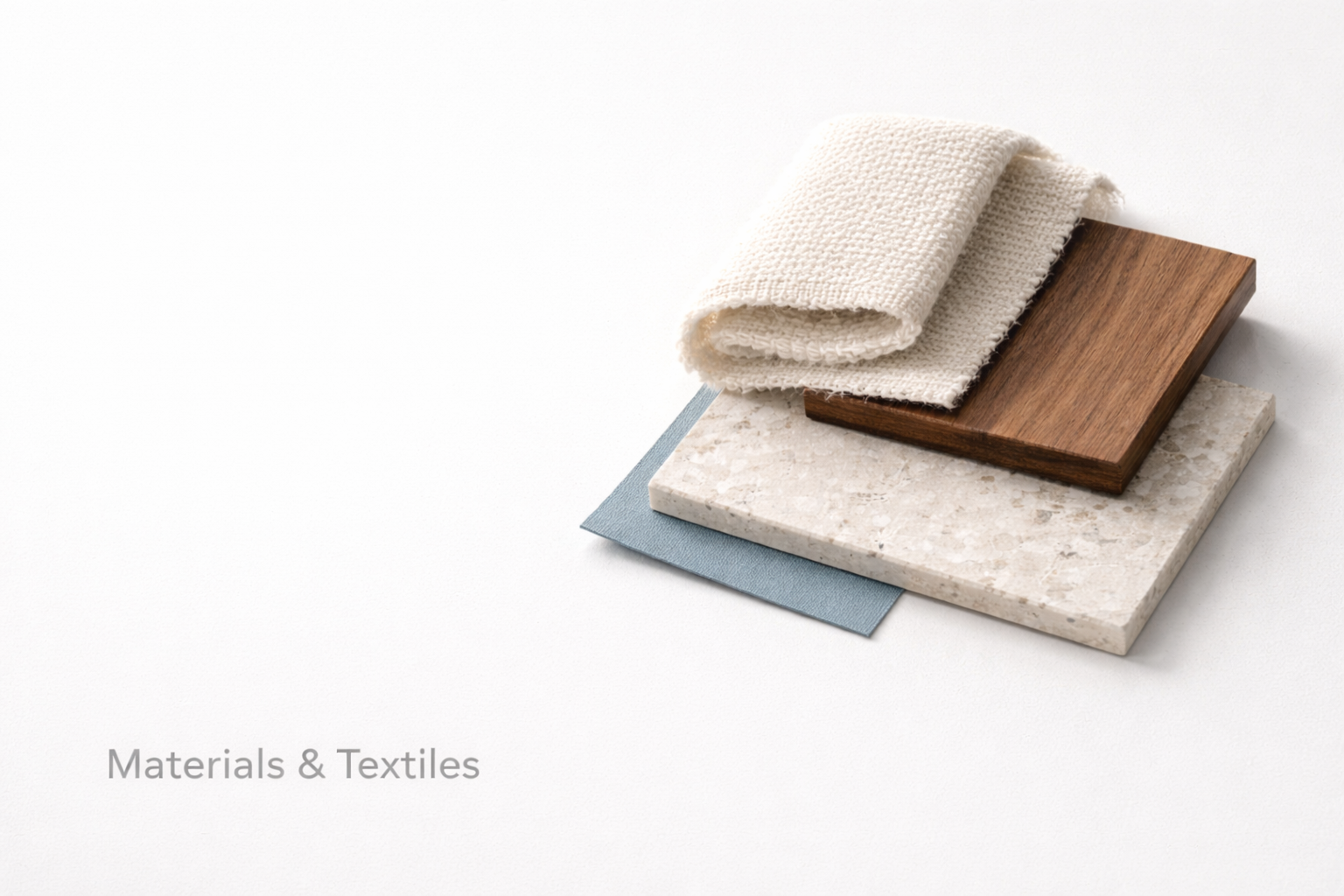 Materials and textiles in interior design diagram showing fabric, wood, and stone samples.