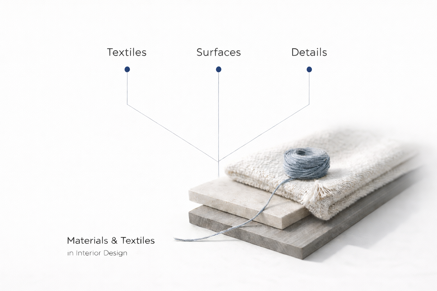 Materials and textiles infographic with textiles surfaces details connected to fabric stone wood samples.