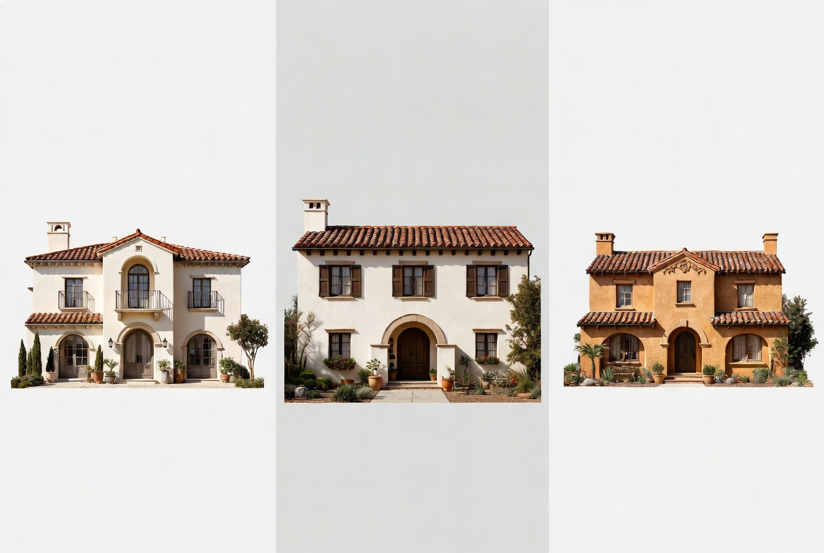 Comparison of Mediterranean Revival, Spanish Colonial Revival, and Spanish Revival house facades.