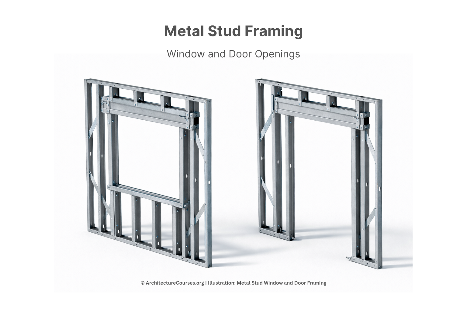 Metal stud framing showing typical window and door openings with headers and jamb studs.