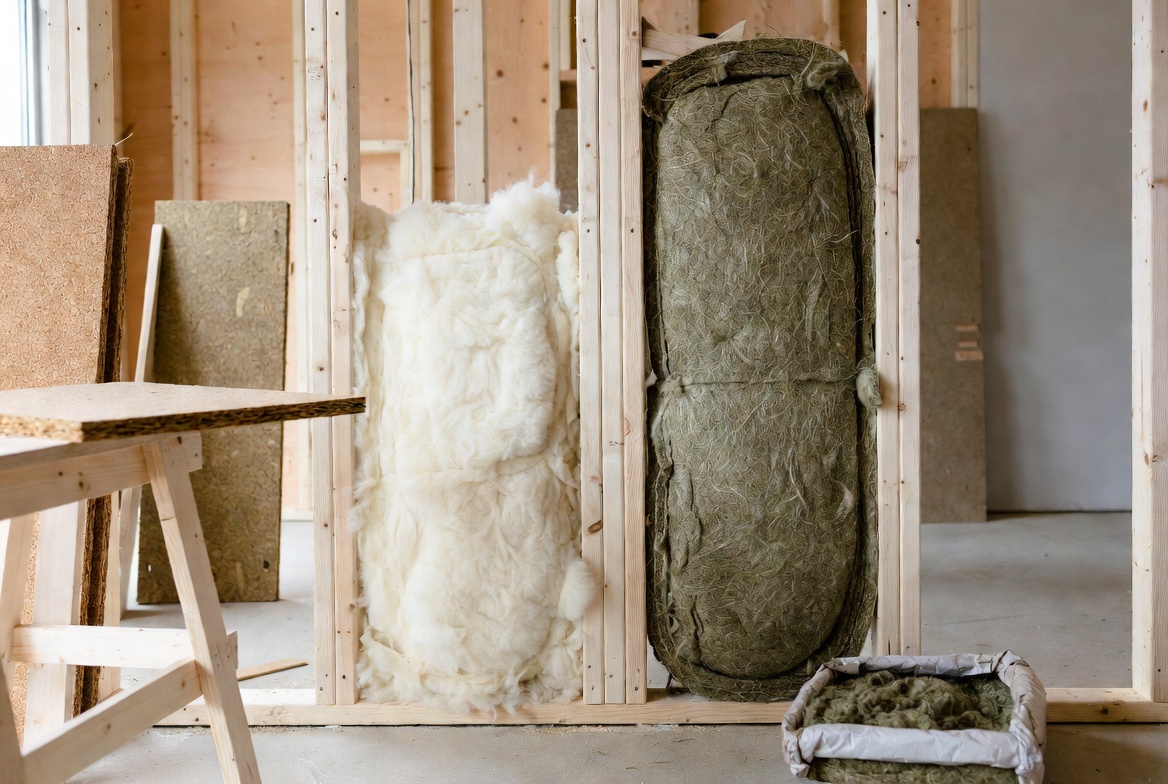 Professional installation of safe mineral wool insulation in unfinished framed wall with natural samples nearby, calm renovation site.