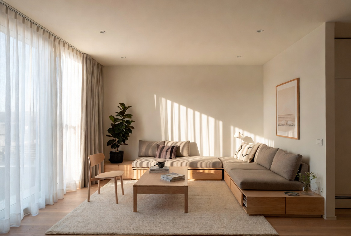 Minimalist living room with low wood furniture, neutral tones, and soft natural light.