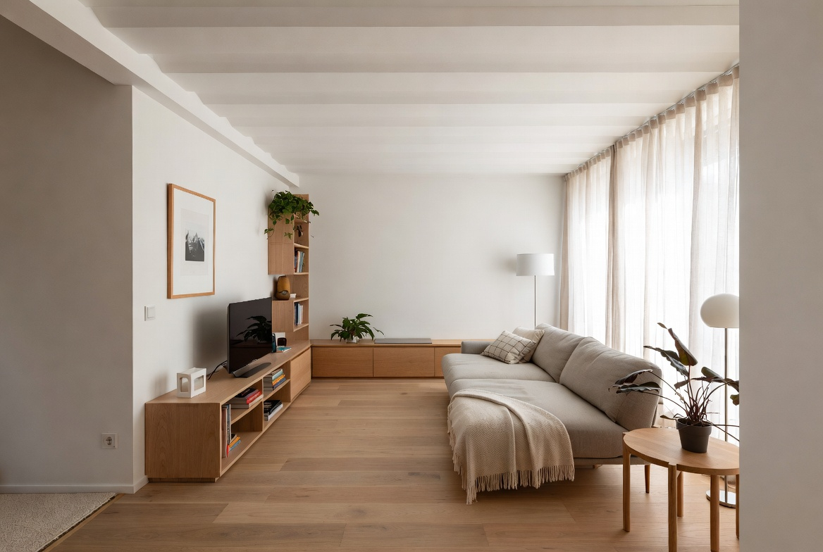 Minimalist living space with built-in wood storage, neutral sofa, and sheer curtains.