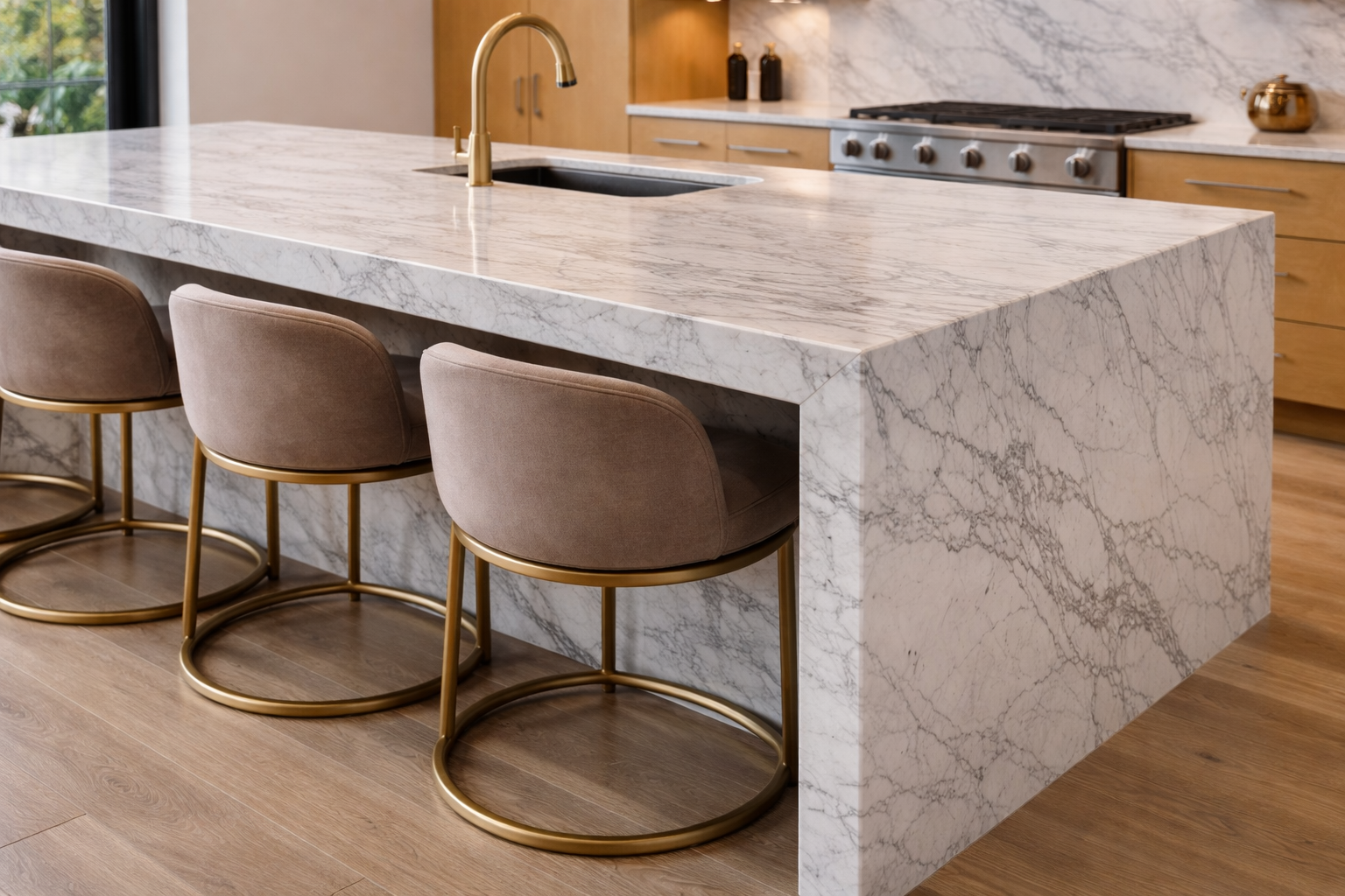 Close-up of a marble island showing a mitered edge that creates a thicker look with a tight seam.