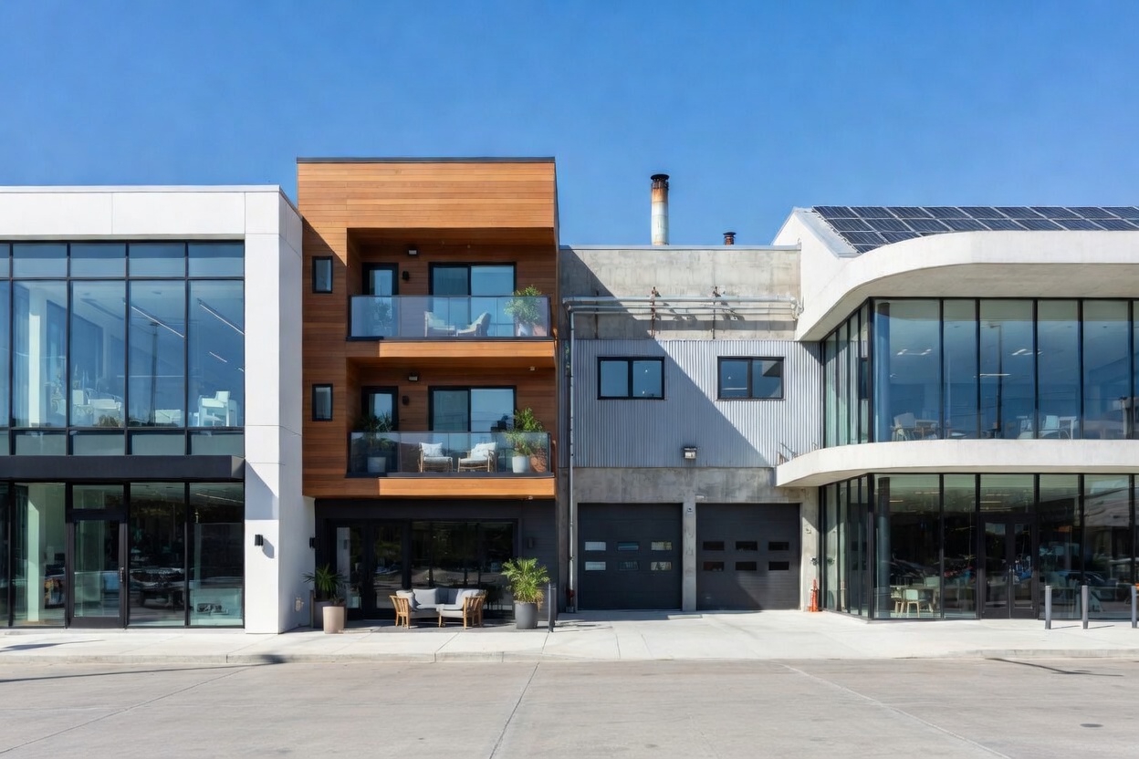 Commercial, residential, and light industrial building forms shown side by side in a modern streetscape.