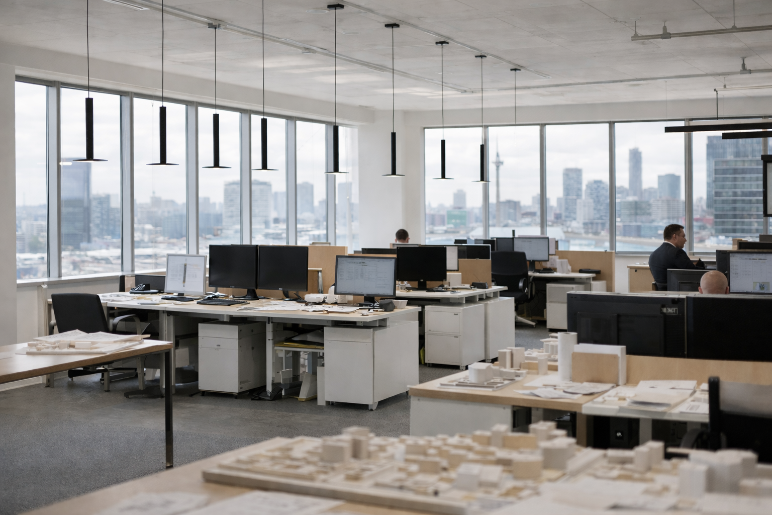 Modern architecture studio workspace with models, drawings, and collaborative desks.