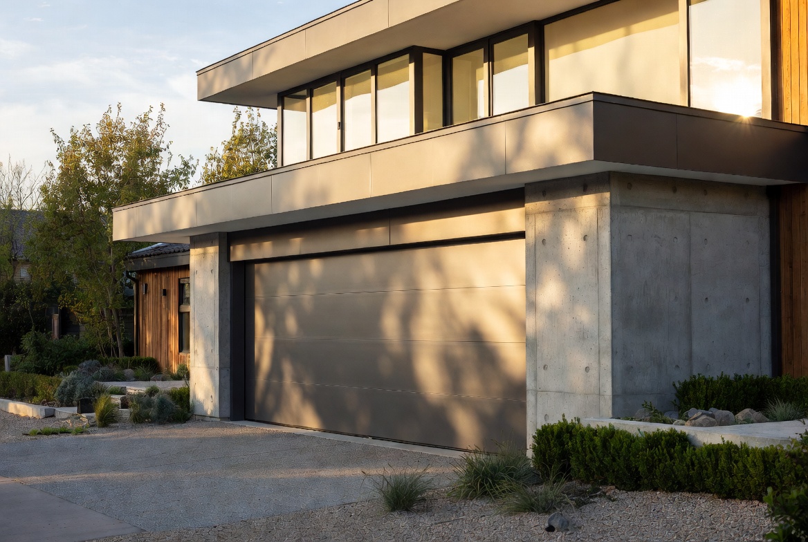 Modern flush-panel garage door integrated into a concrete and wood contemporary house facade.