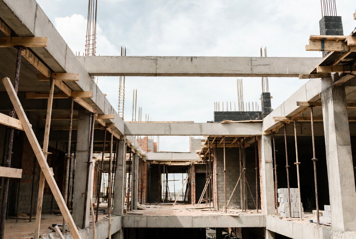 Built construction frame showing exposed concrete, wood supports, and active assembly.
