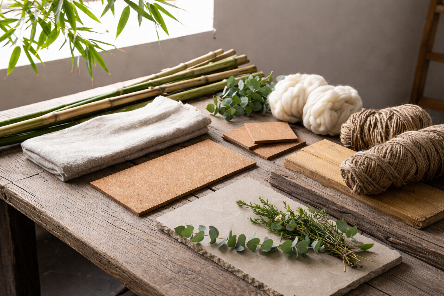 Natural building materials including bamboo, cork, wool, linen, wood, and stone samples.