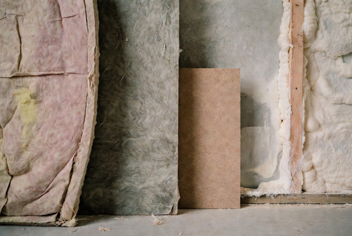 Close-up of fiberglass insulation, mineral wool board, cork board and expanding spray foam in wooden wall cavity – unfinished construction workshop for sustainable architecture.