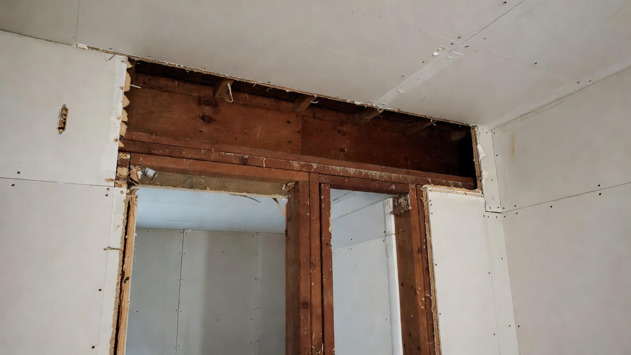 Older house wall opened above a doorway to inspect framing and header conditions.