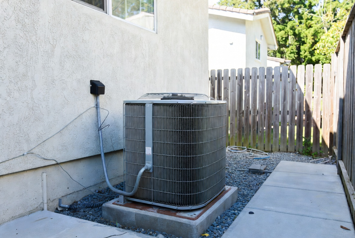 Outdoor residential heat pump condenser installed on a concrete equipment pad beside siding.