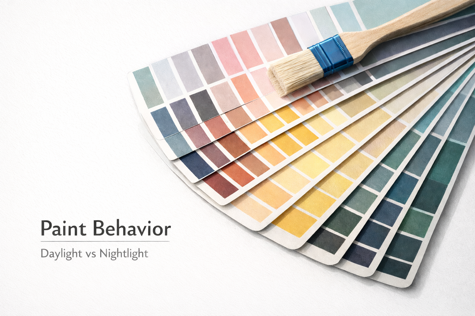 Color swatches showing paint behavior changes in daylight vs nightlight for interiors.