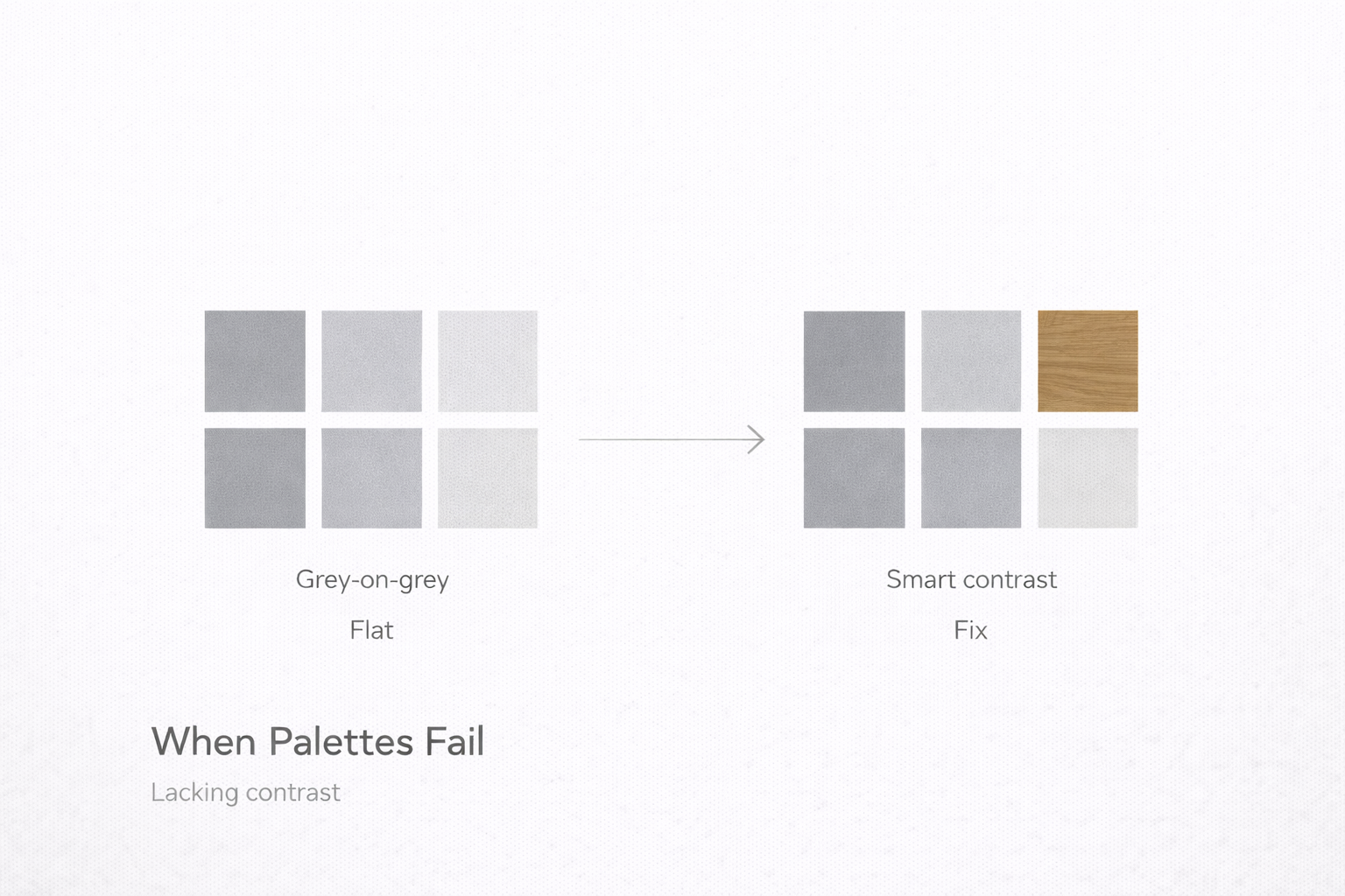 Grey-on-grey palette versus anchored contrast with one warm material tone.
