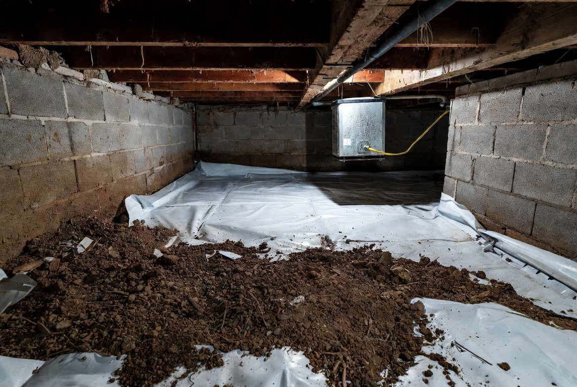 Partial crawl space liner with exposed soil and suspended dehumidifier in a damp foundation space.