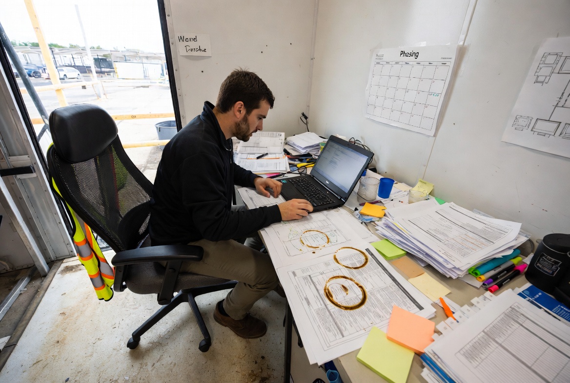 Pre-construction project manager reviewing drawings, bid tabs, and the project schedule inside the job trailer office before site work begins.