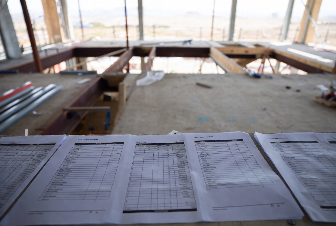 Printed construction plans on a field table being used for collaborative problem-solving on site.