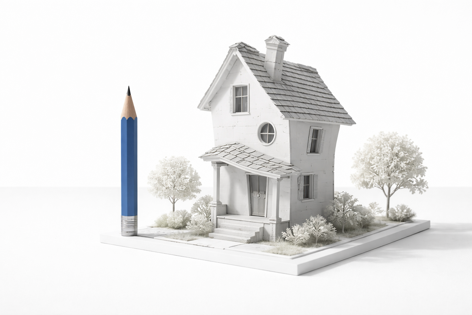 Funny architecture concept image with a quirky tilted house model.