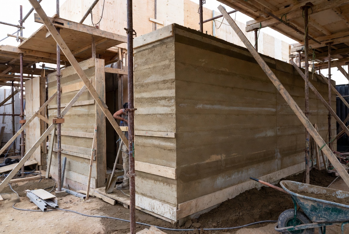 Rammed earth wall under construction with plywood formwork, bracing, and visible lift lines.