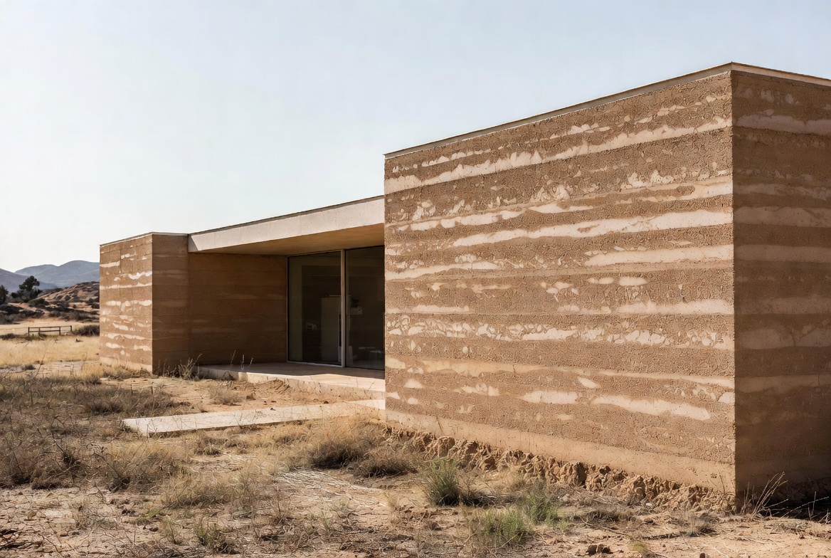 Modern rammed earth house with thick monolithic walls designed for sustainable living.
