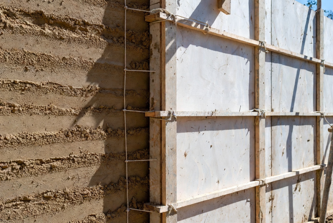 Plywood-faced rammed earth formwork beside compacted wall layers during wall construction.