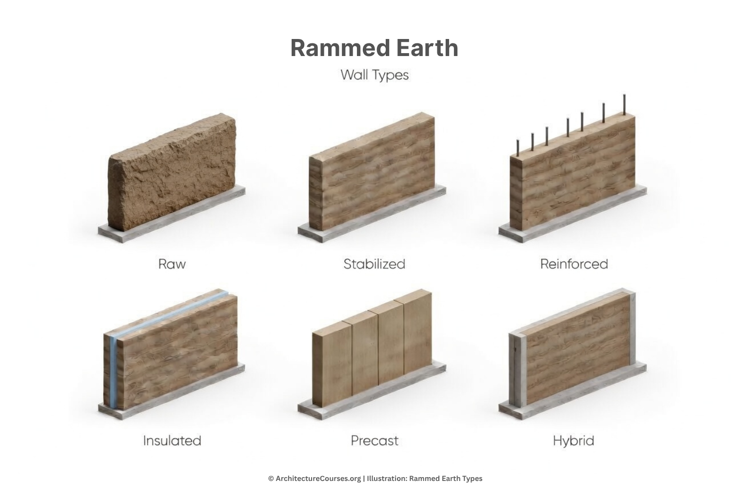 ammed earth wall types with raw, stabilized, reinforced, insulated, precast, and hybrid systems.