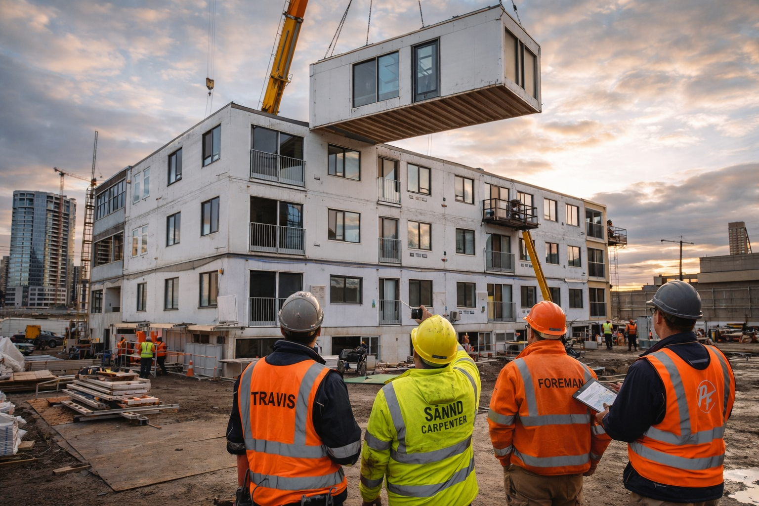 Rapid building construction using prefabricated modules stacked with crane for accelerated project delivery.