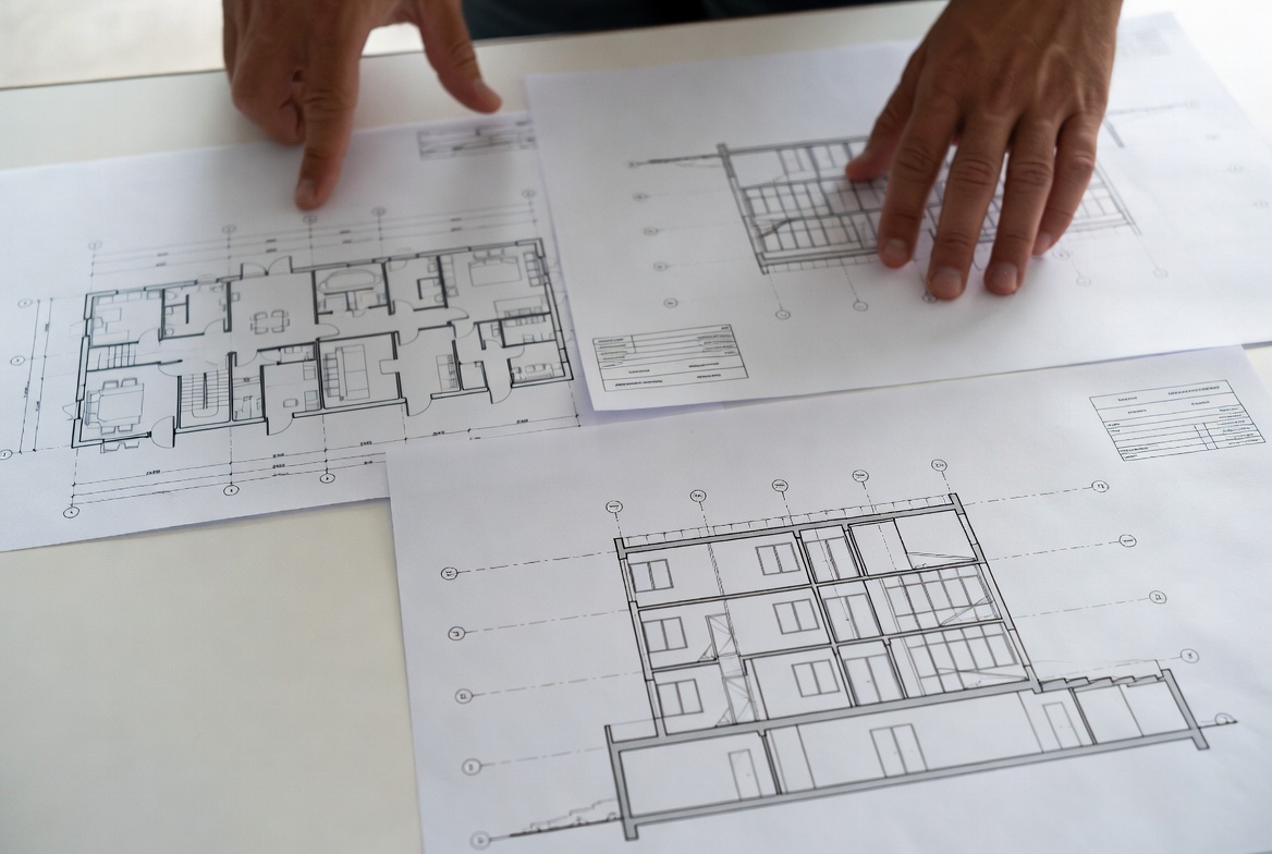 Person reviewing printed blueprint drawings on a table.