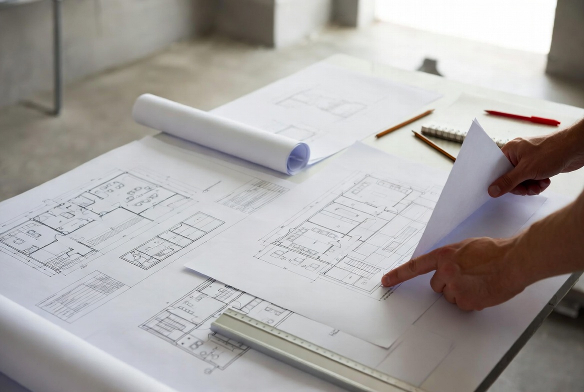 Residential floor plan drawing showing room layout, walls, doors, and circulation paths.