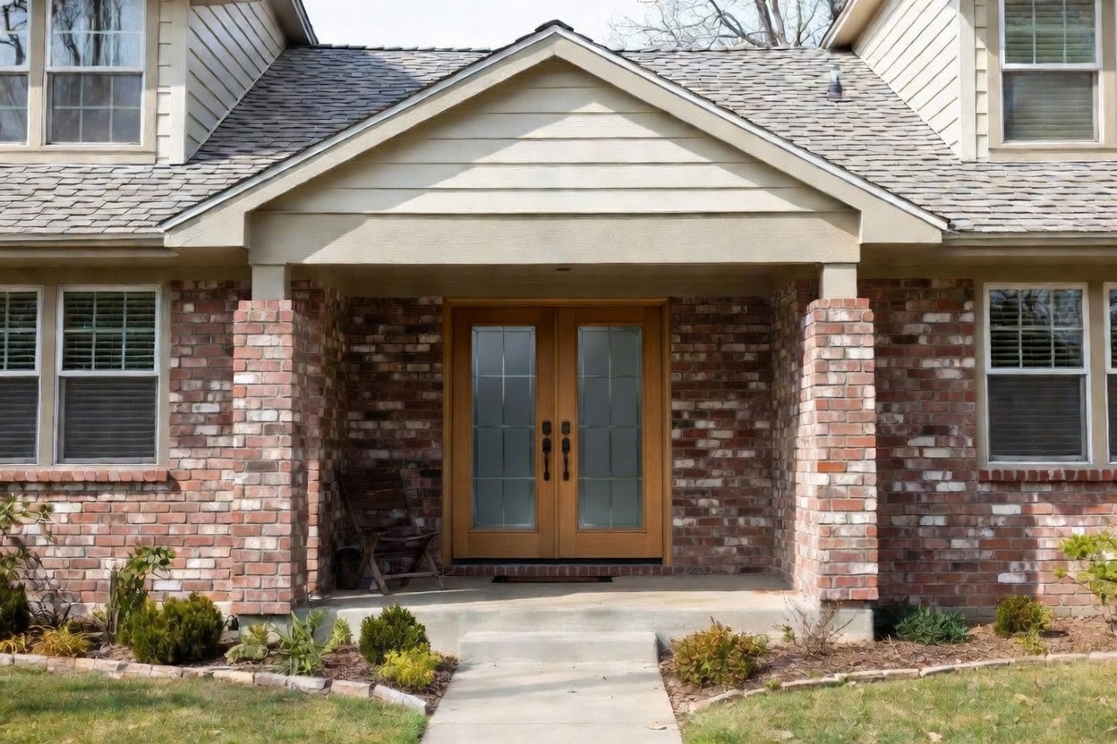 Reclaimed thin brick veneer on modest suburban home front entry with modern double doors.